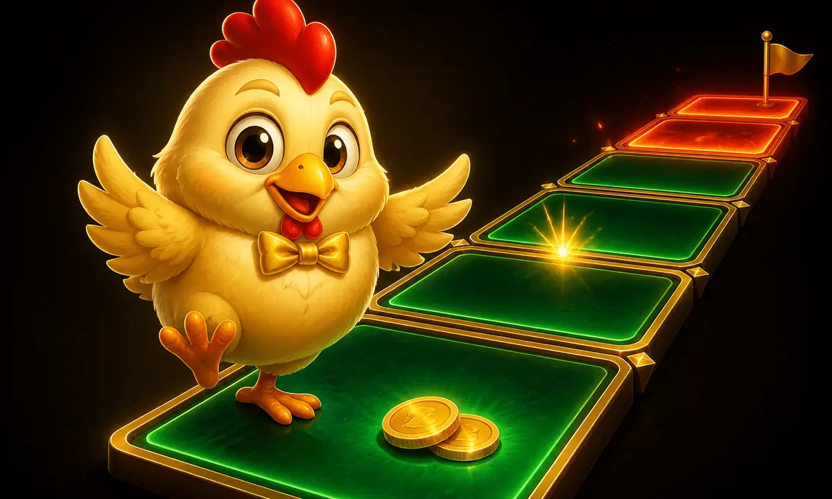 Comic chicken mascot in a gold bowtie standing at the first glowing emerald tile of a dark casino game-road, gold coins nearby, with a knowing, confident expression