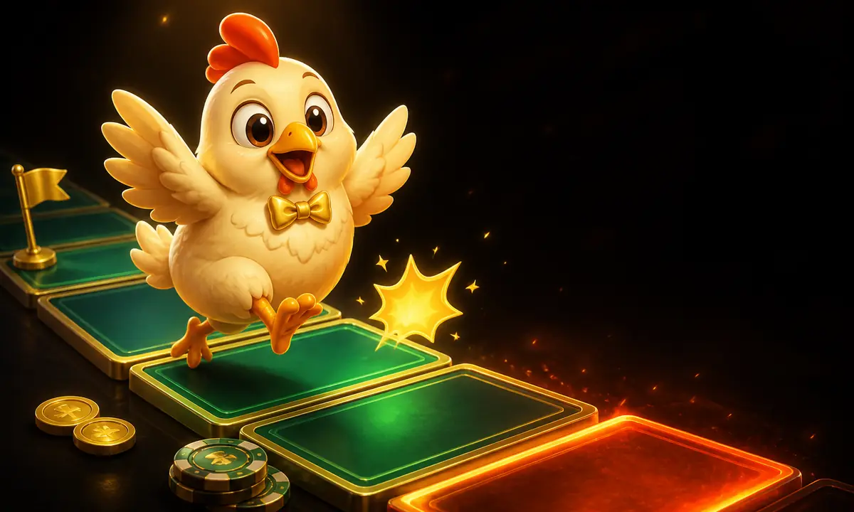 Comic chicken mascot in a gold bowtie mid-stride across glowing emerald casino game-road tiles, with a gold multiplier spark, coins, and a risk tile ahead