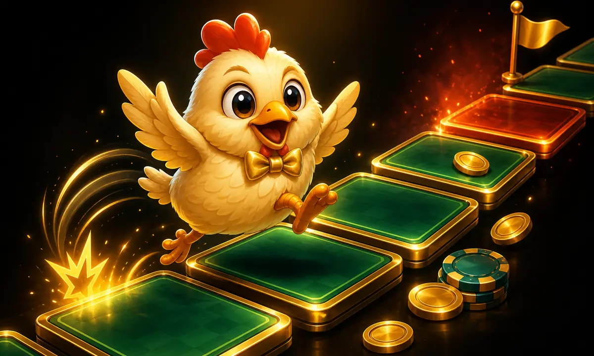 Comic chicken mascot in a gold bowtie shown mid-stride with gold motion lines advancing across a row of glowing emerald casino game-road tiles