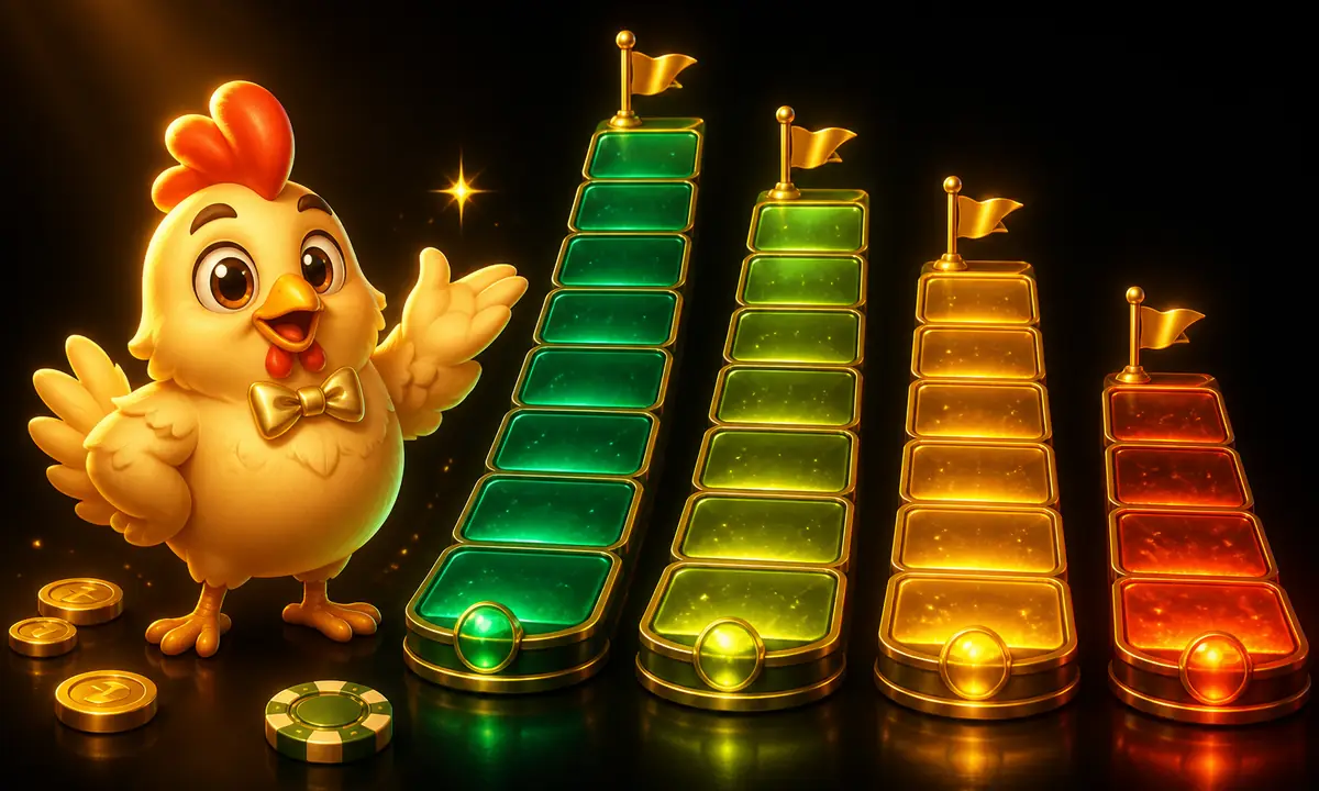 Comic chicken mascot in a gold bowtie gesturing toward four stacks of glowing casino game-road tiles of increasing length and colour intensity, representing the difficulty modes