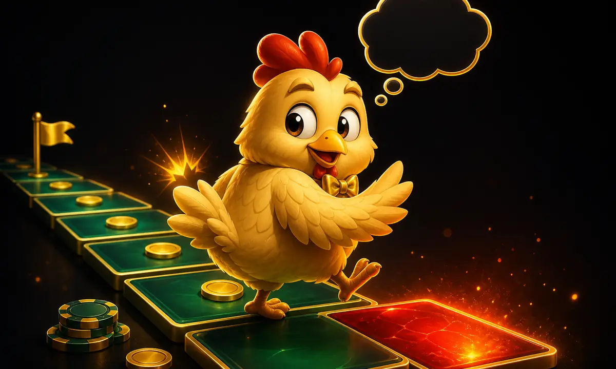 Comic chicken mascot in a gold bowtie pausing on a glowing emerald casino game-road tile, an empty thought bubble above its head and a risk tile glowing ahead