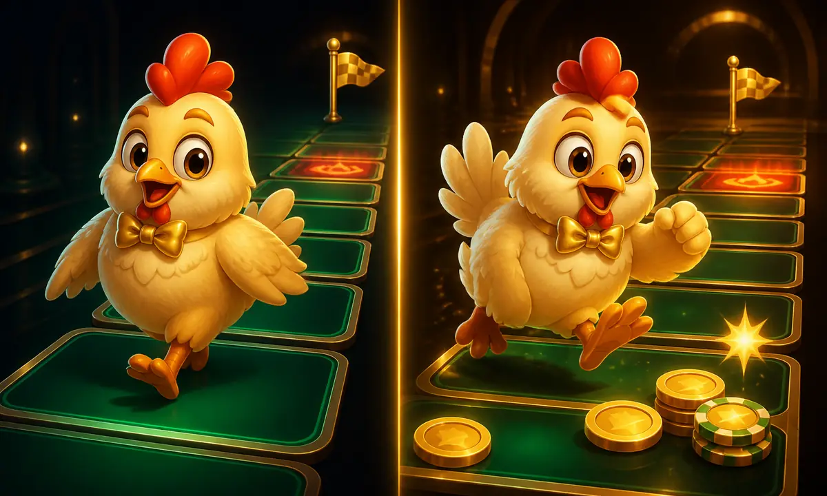 Split-scene illustration of the comic chicken mascot in a gold bowtie walking a plain practice tile road on one side and a coin-and-chip-covered real-stakes tile road on the other, both on a dark casino backdrop