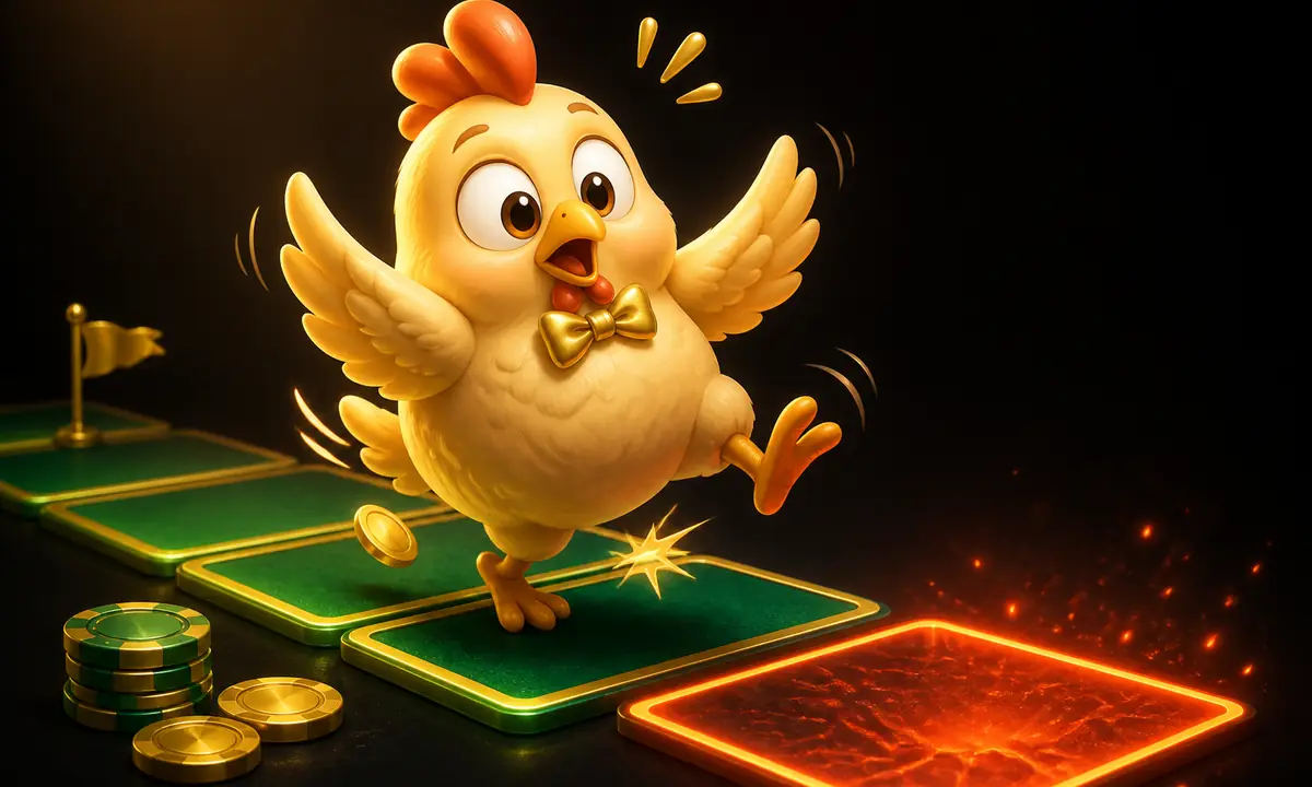 Comic chicken mascot in a gold bowtie mid-stumble near a glowing ember-red risk tile on the casino game-road, a harmless comic near-miss with a checkpoint flag visible ahead